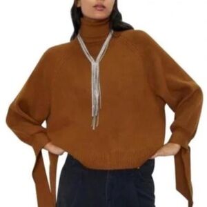ZARA Knit Turtleneck Sweater with Tied Cuffs Brown  Size Medium